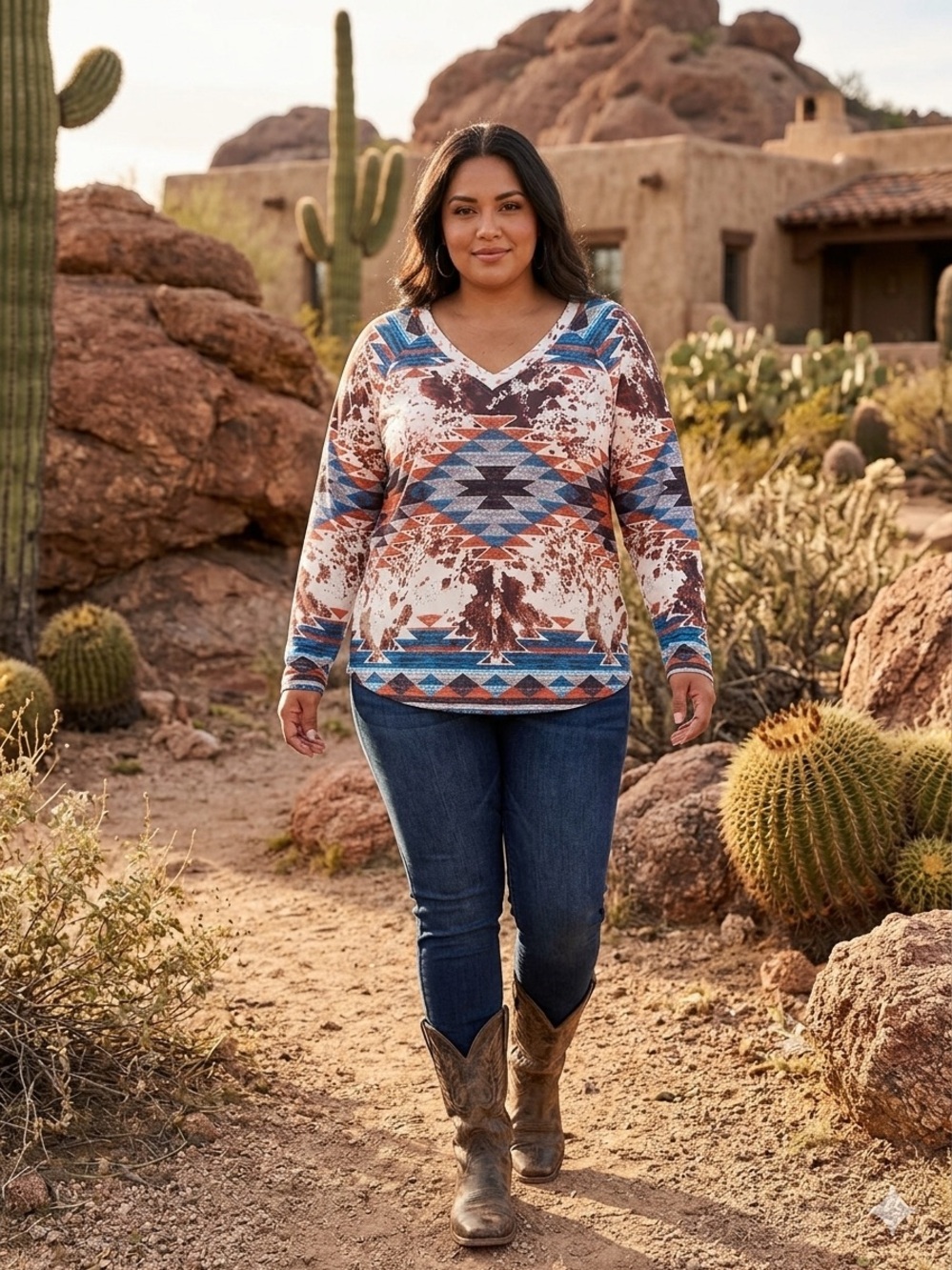 NWT Southwest Aztec V-Neck Pullover - Blue, Rust, Cream Top